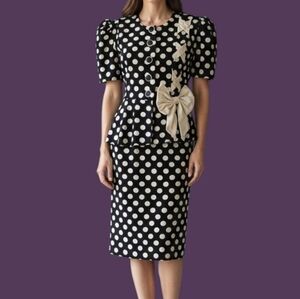 Vtg SUNSHINE STARSHINE 1980s Corduroy Polka Dot Bow Puff Sleeve Power Skirt Set
